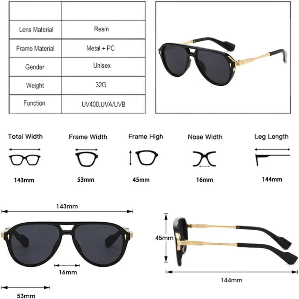 

Ретро-солнцезащитные очки с двойной перемычкой для женщин, роскошные солнцезащитные очки с заклепками для мужчин, солнцезащитные очки UV400 TYUVIVO, Black Gun Grey