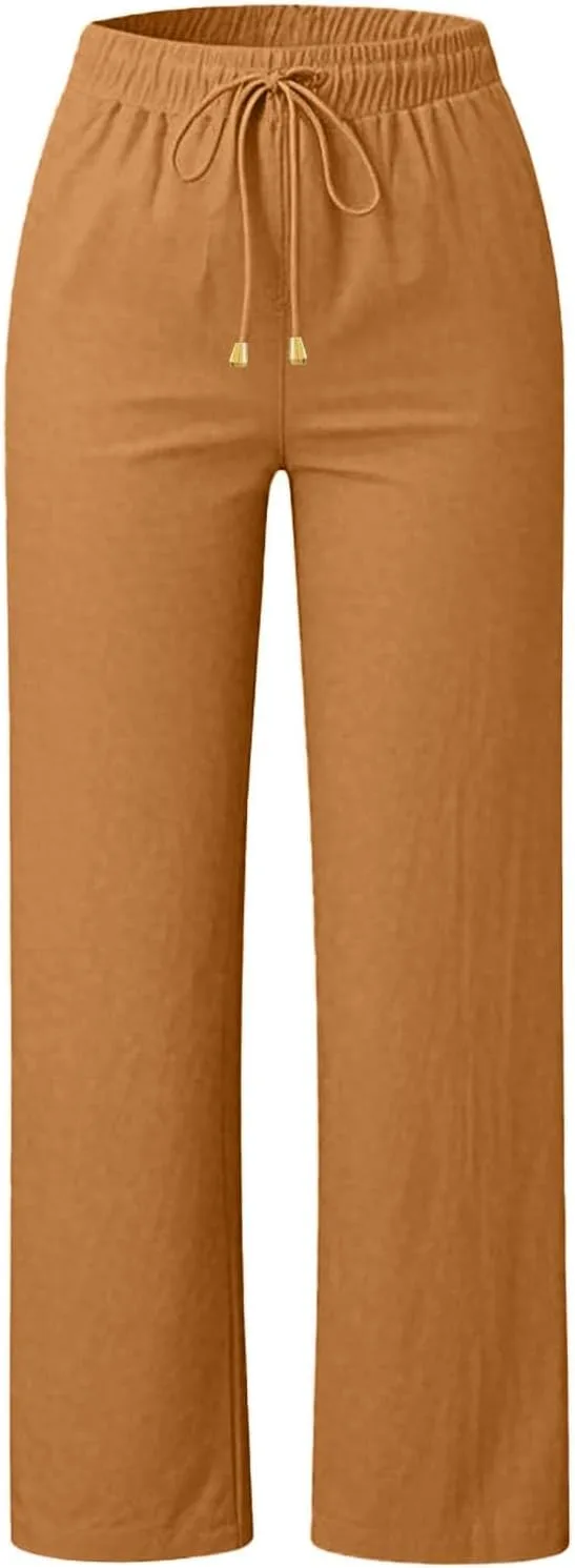 Женские брюки Wide Leg из льна для лета и пляжа, свободного кроя, с высокой посадкой, легкие, хлопок-лен, с карманами Generic, оранжевый — фото 2
