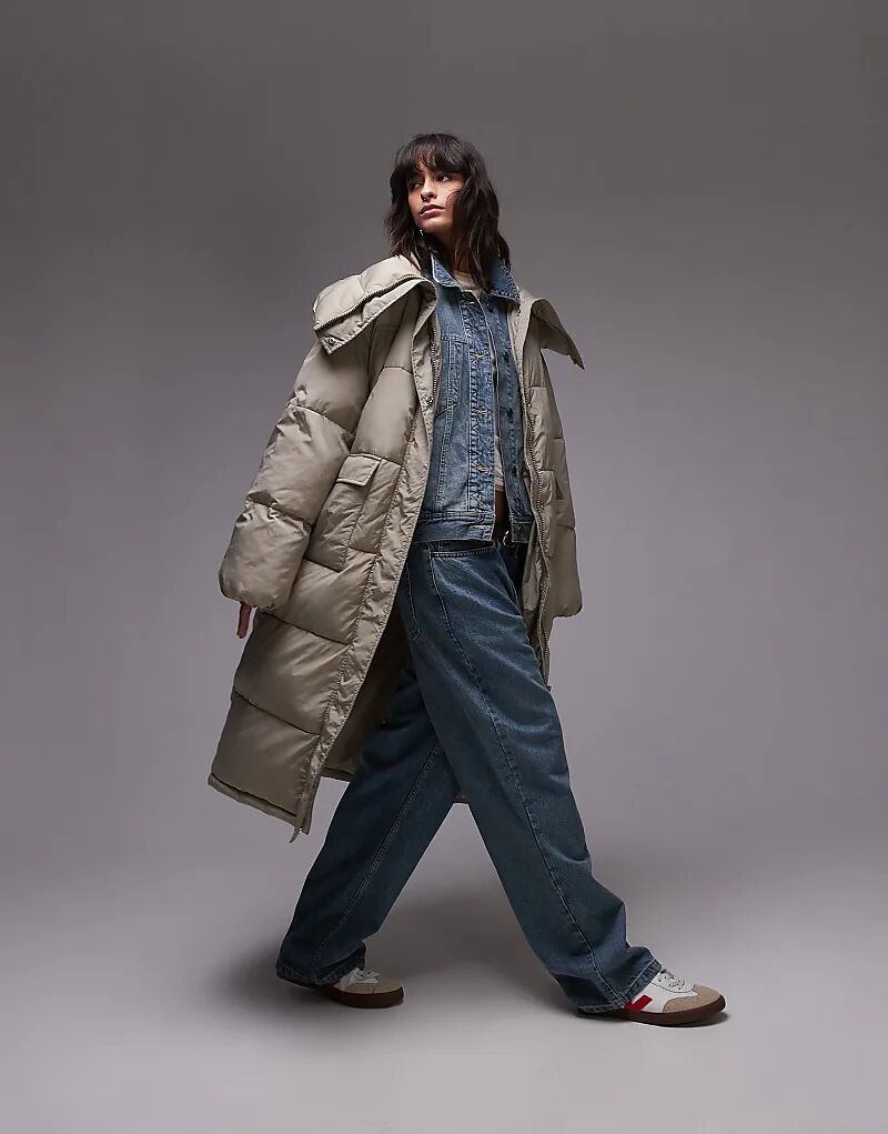 

Удлиненная куртка-пуховик с воротником-стойкой в каменном цвете Topshop