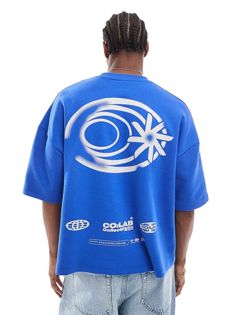 

ASOS DESIGN – синяя плотная футболка свободного кроя с заниженными плечами из материала плотностью 300 г/м² с графикой на спине