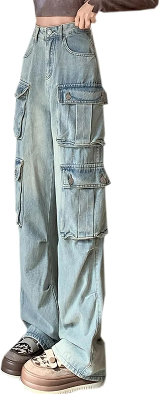 

SANGTREE женские карго джинсы с высокой талией и широкими штанинами