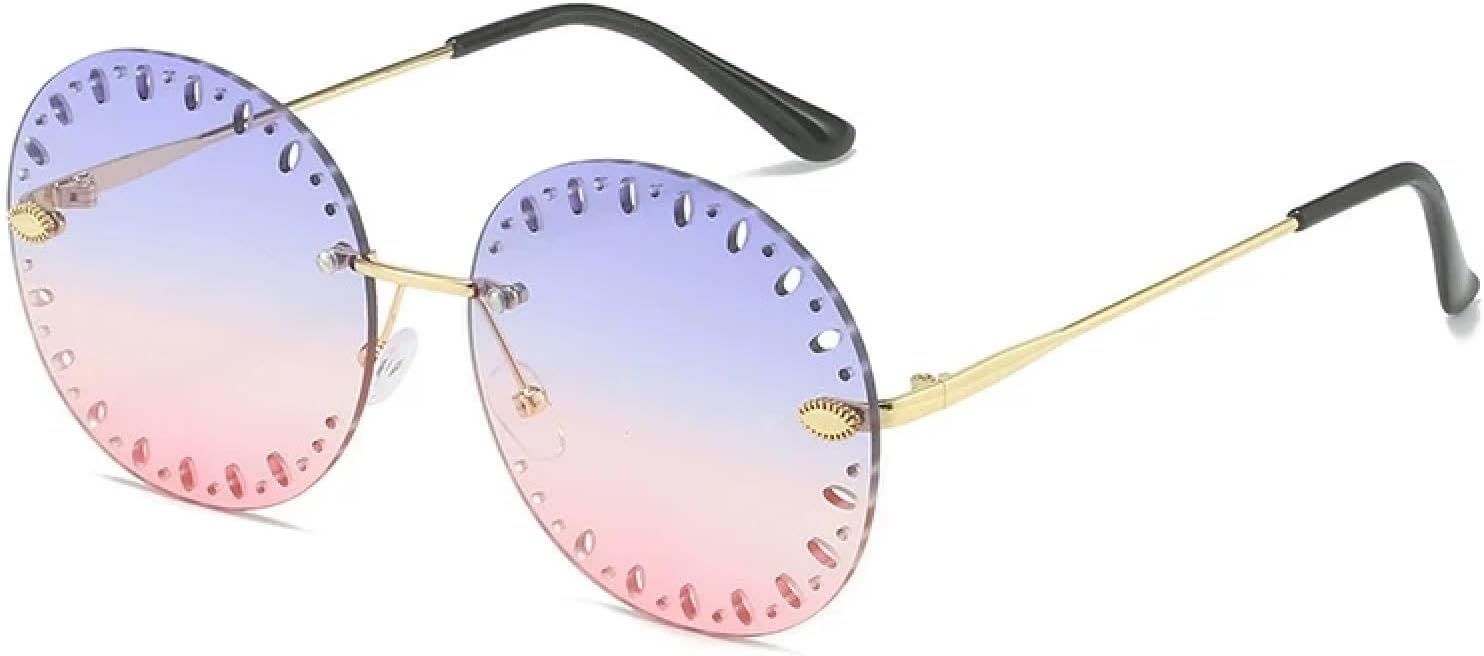 

Винтажные солнцезащитные очки без оправы для женщин и мужчин, модные очки с полой оправой и круглым оправом, женские очки для активного отдыха и путешествий, очки с защитой от УФ-излучения UV400 TKKTLLT, Gold Purple Pink