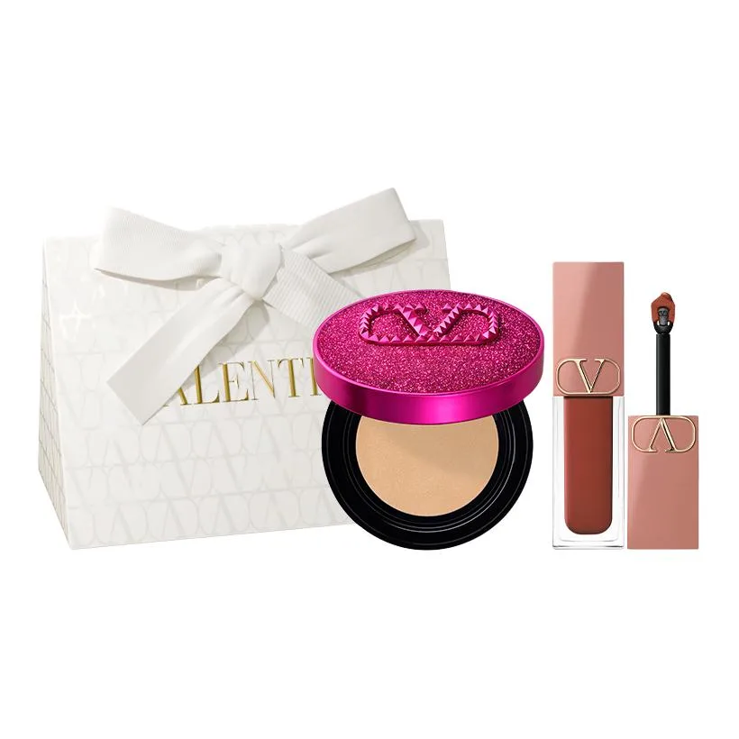 Valentino Набор косметики Fantasy Pink Limited Edition Air Cushion Lip Cream Box, Hydrating Cushion Powder #LA1+Bare Tube Lip Balm #113R