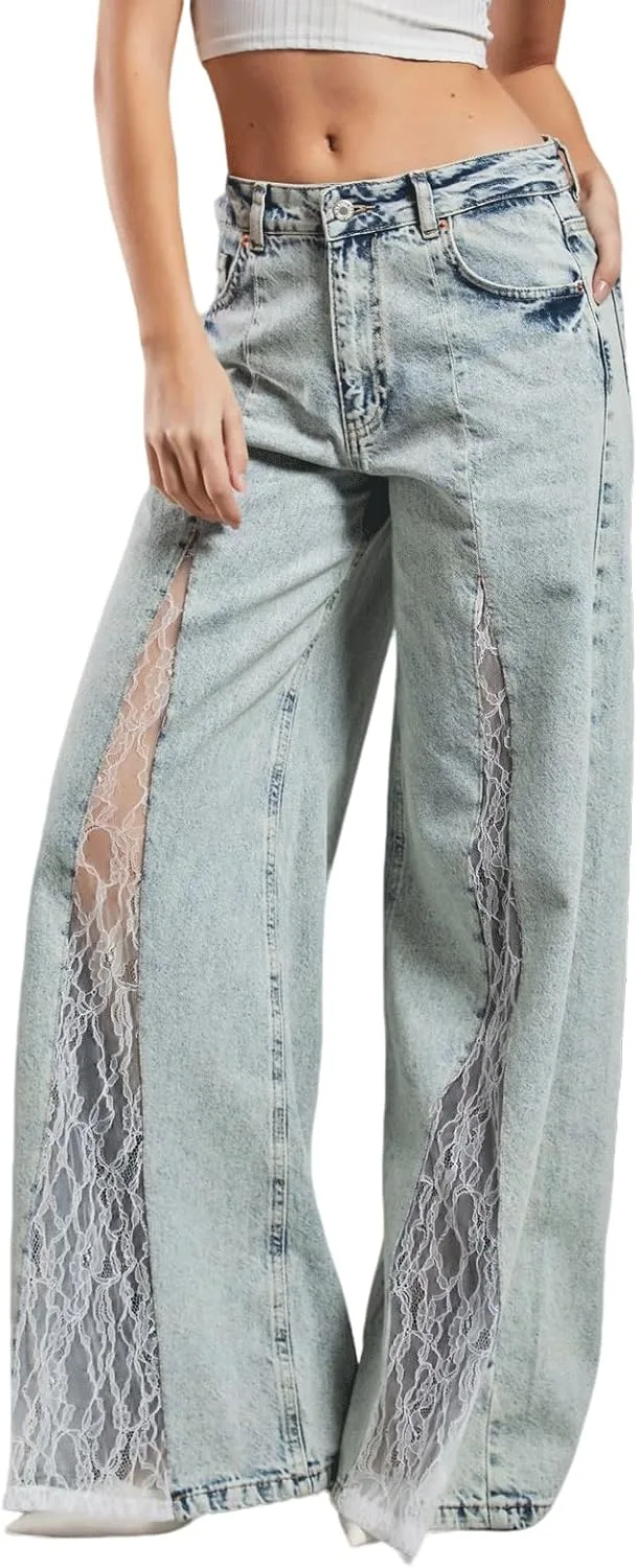 

CHARTOU низкие широкие джинсы с кружевным пэчворком