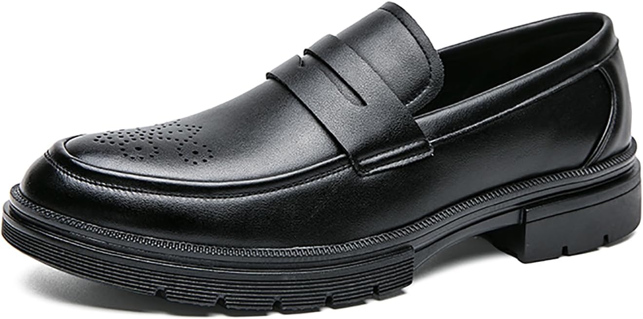 

Мужские кожаные слипоны с брогированием на высокой платформе, модные туфли с круглым носком и массивным каблуком, с нескользящей подошвой, деловые и повседневные лоферы Penny Loveheynew, черный