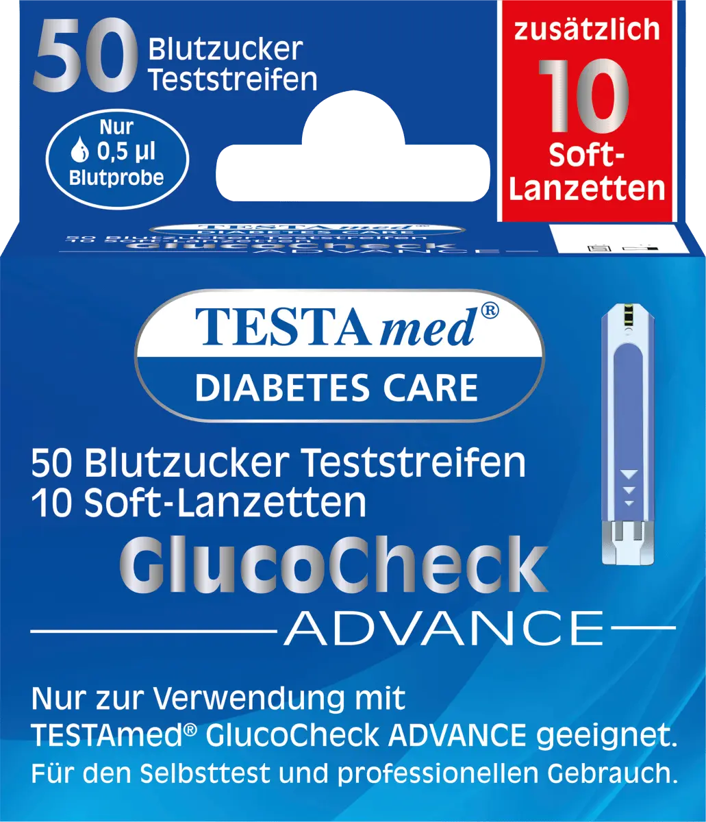 

Комбинированная упаковка Glucocheck ADVANCE: 50 тест-полосок для измерения уровня сахара в крови + 10 ланцетов 50 шт. Testa med