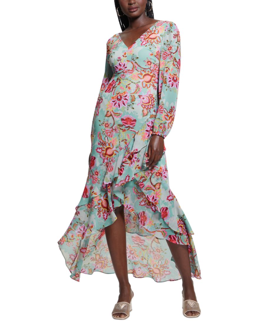 

Женское платье Shelia с V-образным вырезом, длинными рукавами и асимметричным подолом GUESS, SERENE MOSAIC