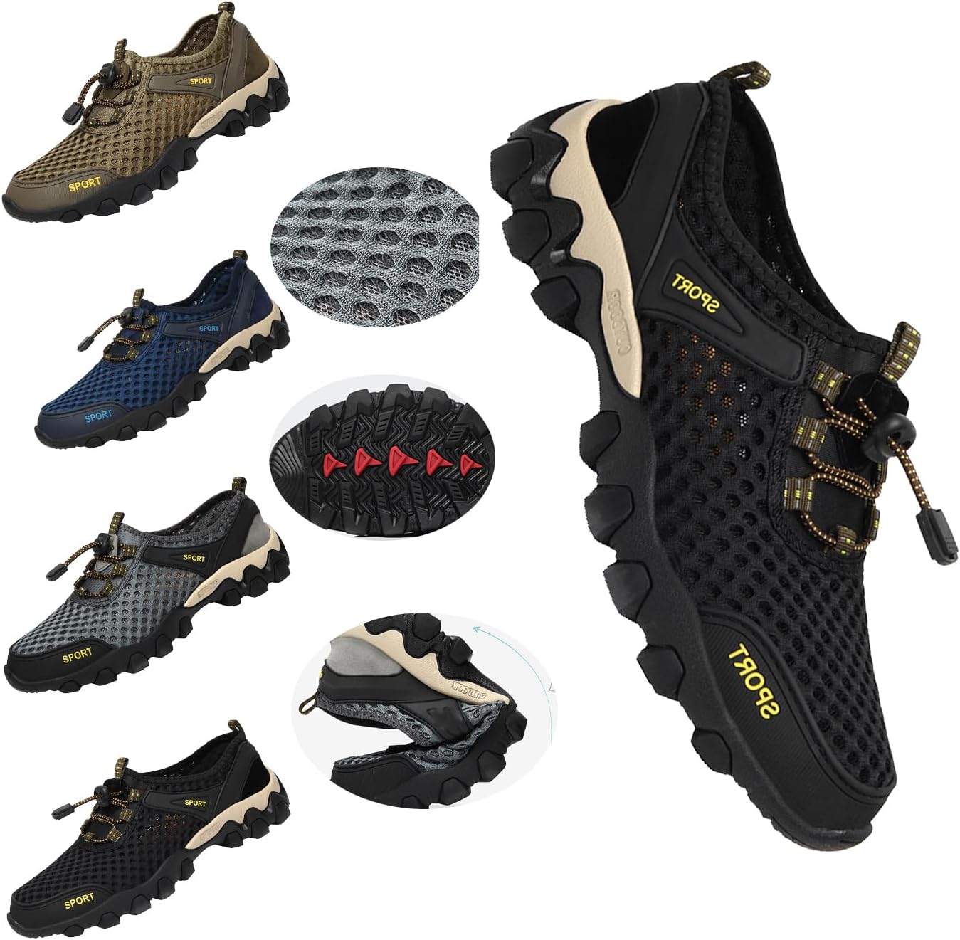 

Мужские быстро сохнущие походные кроссовки - дышащие сетчатые кроссовки с поддержкой свода стопы, водонепроницаемые нескользящие обувь для пляжа, треккинга, рыбалки и летних путешествий Generic, черный