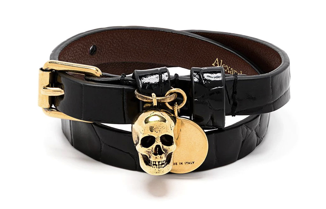 

Череп с двойной обмоткой кожаный браслет Alexander McQueen, черный