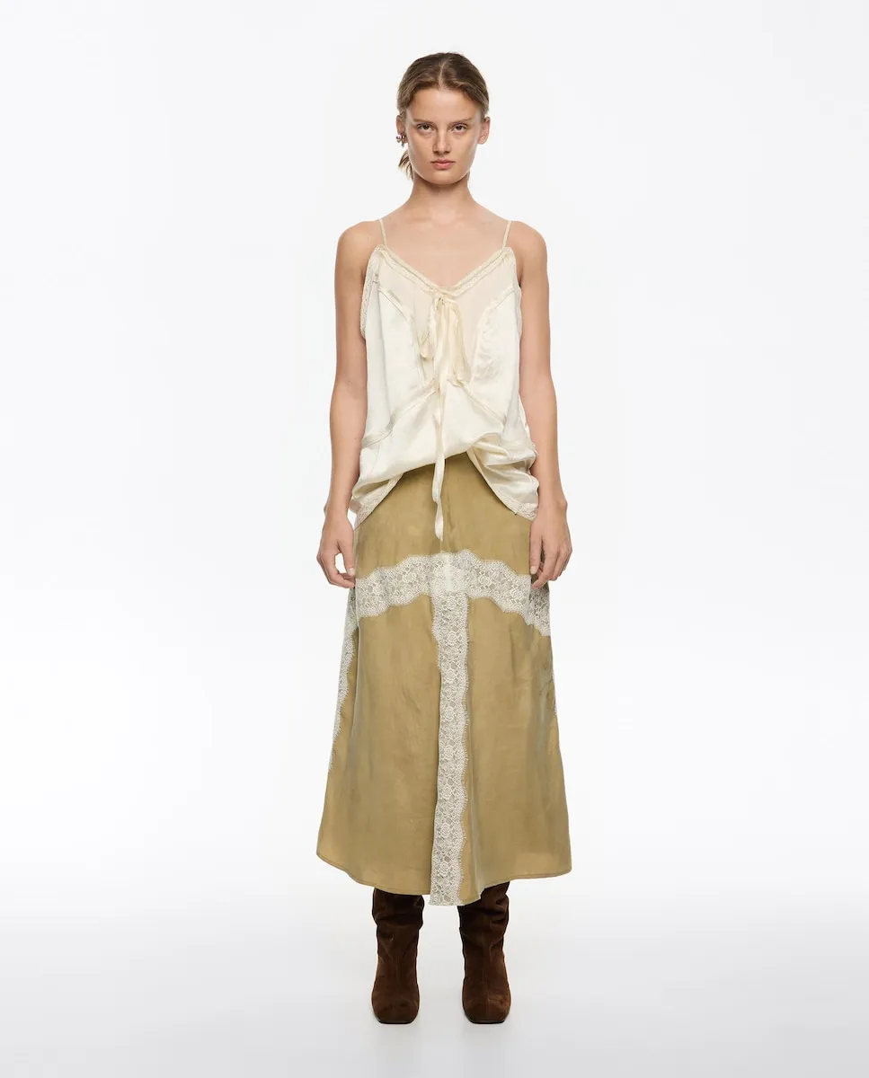 

Юбка А-силуэта с контрастным кружевом Bimba y Lola, хаки