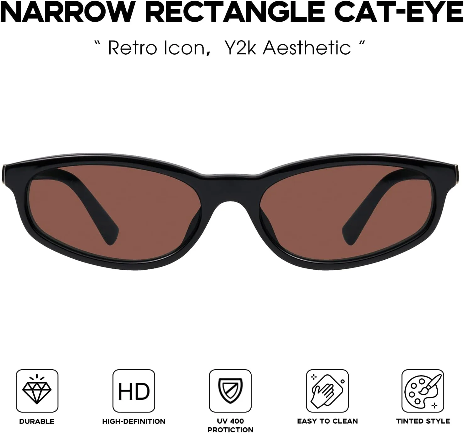 

Солнцезащитные очки Mosanana в стиле ретро «кошачий глаз», прямоугольные и овальные, в стиле Y2K, женские, 90-е, узкие, маленькие, MS52583, C3 Black/Brown