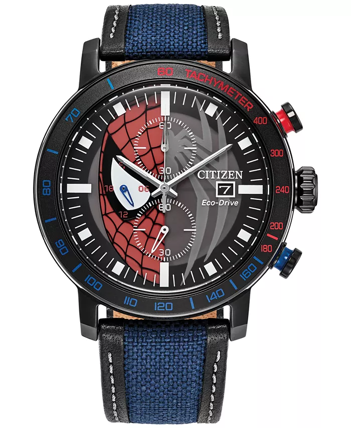 

Мужские хронографические часы Eco-Drive Marvel Spider-Man Double Vision с синим нейлоново-кожаным ремешком, 44 мм Citizen