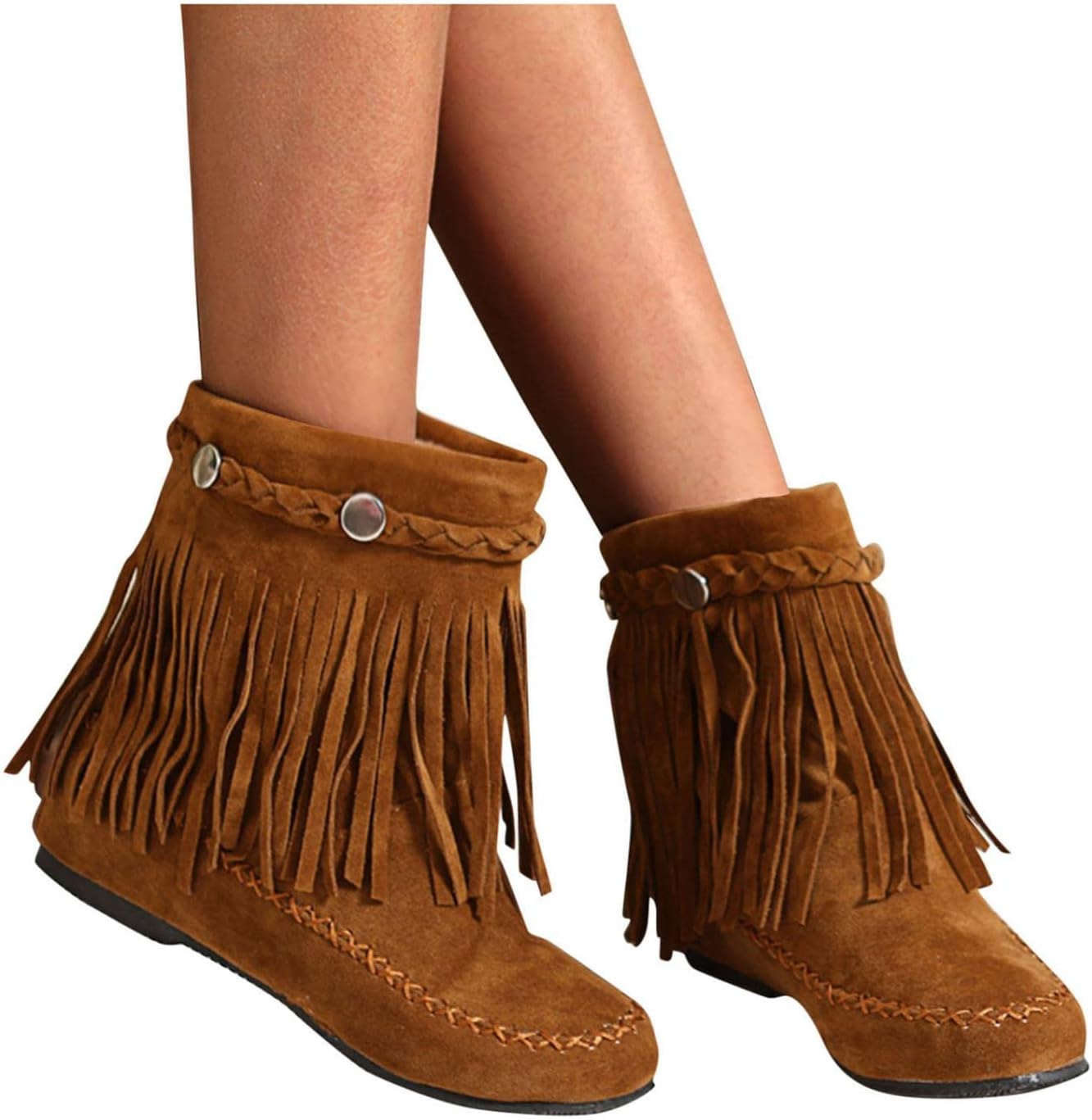 

Женские ботинки Hbeylia с бахромой, бохо стиль, повседневные, из замши, с круглым носком, без шнуровки, коричневый