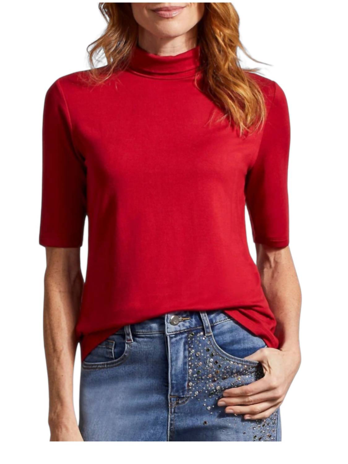 

Топ из французского трикотажа с воротником-стойкой и рукавами до локтя, красный Tribal, красный