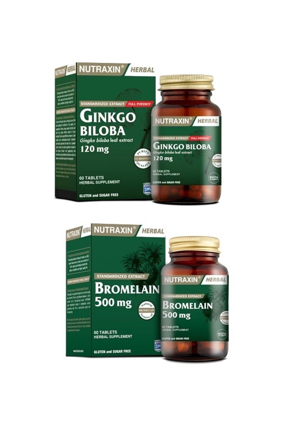 

Nutraxin Гинкго билоба 60 таблеток + Бромелайн 500 мг 60 капсул