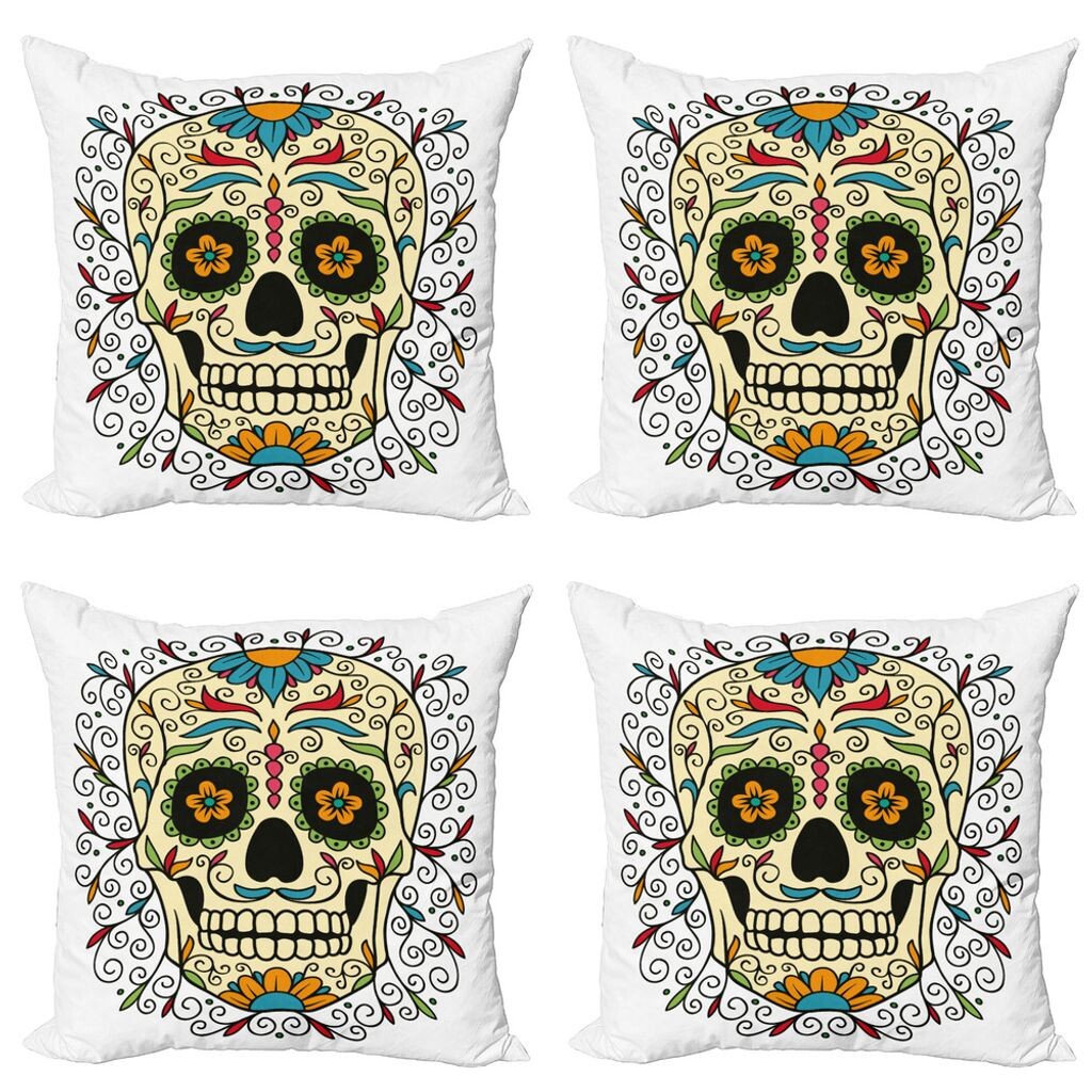 

ABAKUHAUS Набор чехлов для подушек с сахарным черепом (4 предмета), Calavera Highlighted, современная двусторонняя цифровая печать, 60 см x 60 см, многоцветный