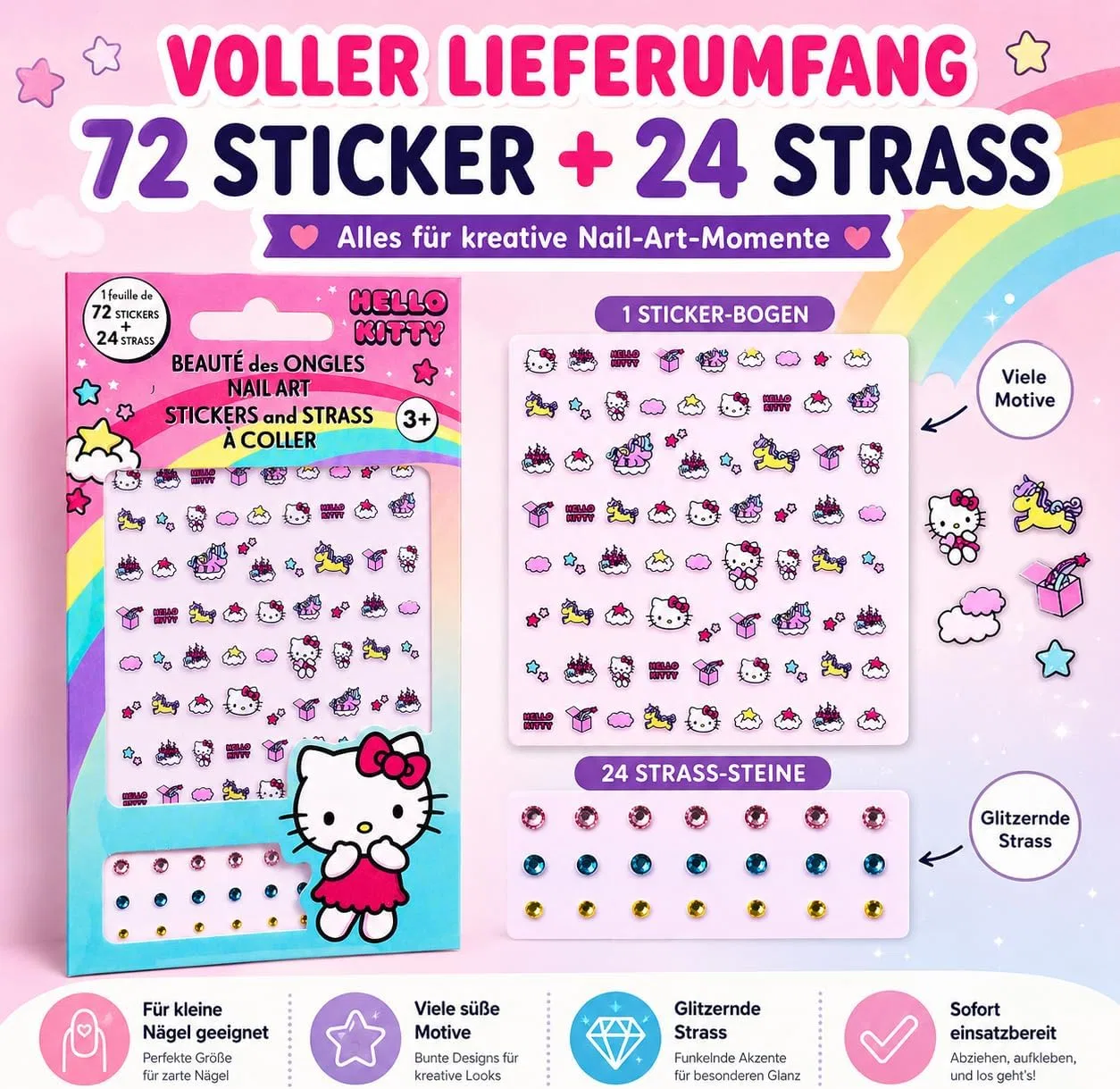 Детский набор наклеек для ногтей Hello Kitty, 144 наклейки и 48 страз Mevsim Store, Hello Kitty — фото 4