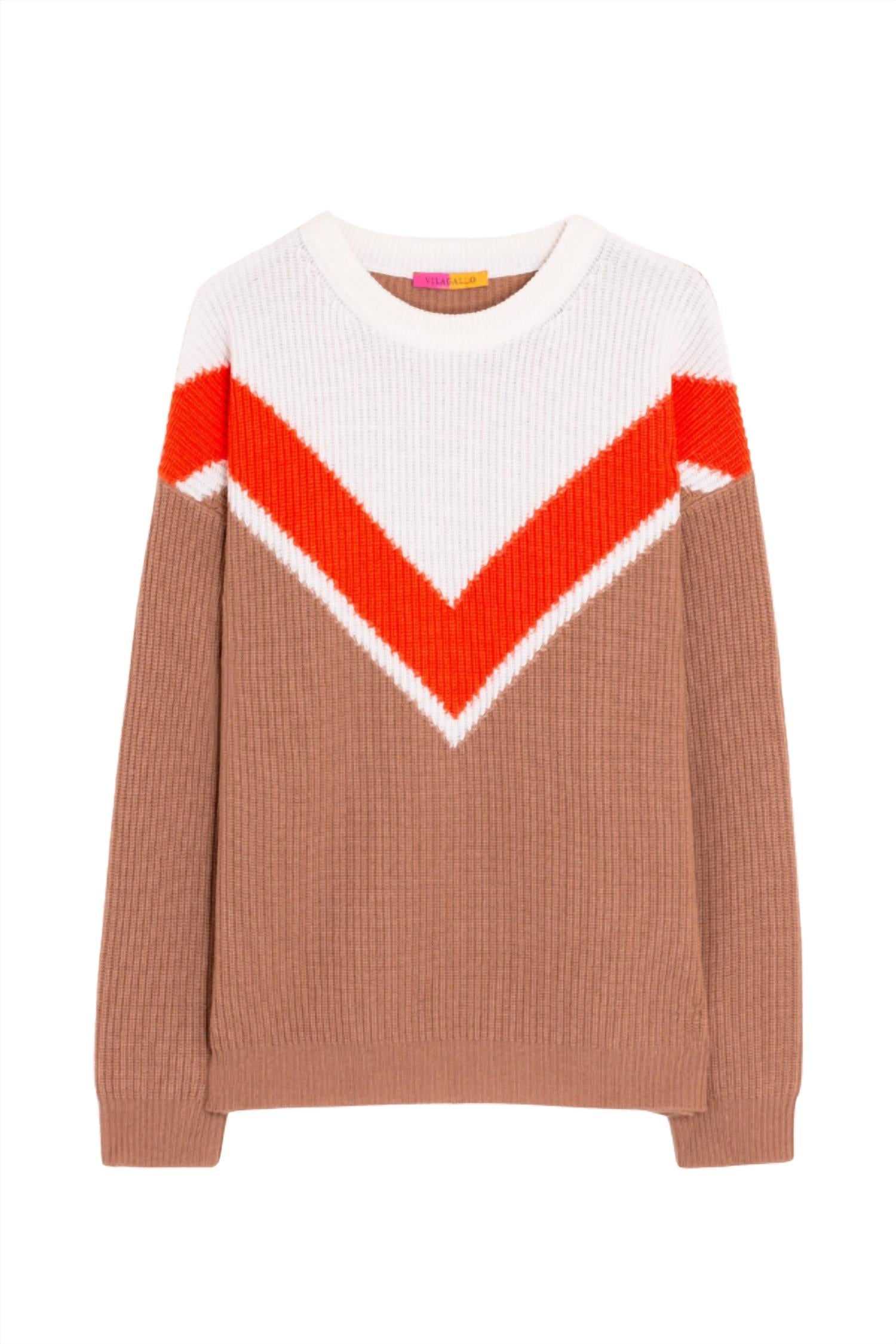 

Женский вязаный свитер с V-образной резинкой и круглым вырезом в бежевом цвете Vilagallo
