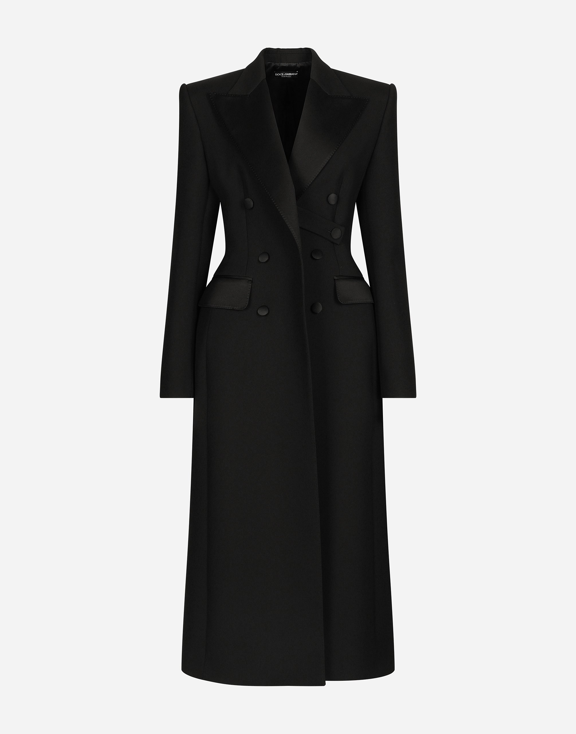 

Двубортное смокинговое пальто из шерстяной габардины с подплечниками на бедрах Dolce & Gabbana, черный