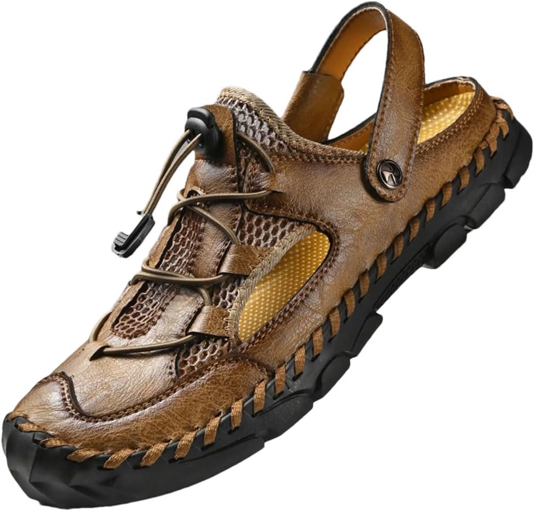 

Мужские классические мягкие кожаные пляжные сандалии, повседневные тапочки, модная легкая обувь с дизайном гладиаторов на липучке Generic, хаки