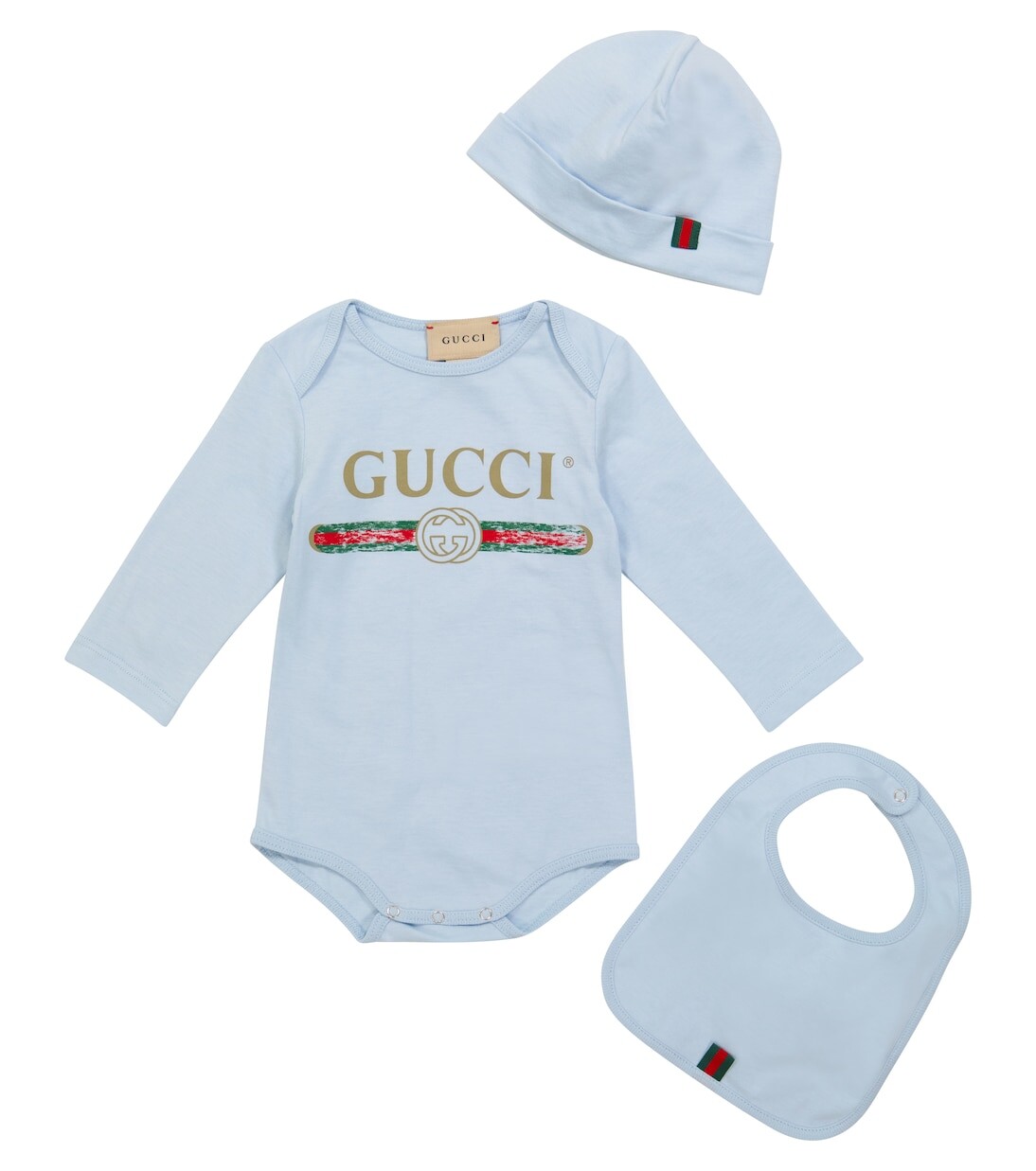 

Комплект из хлопкового боди, шапочки и нагрудника с логотипом baby Gucci, синий