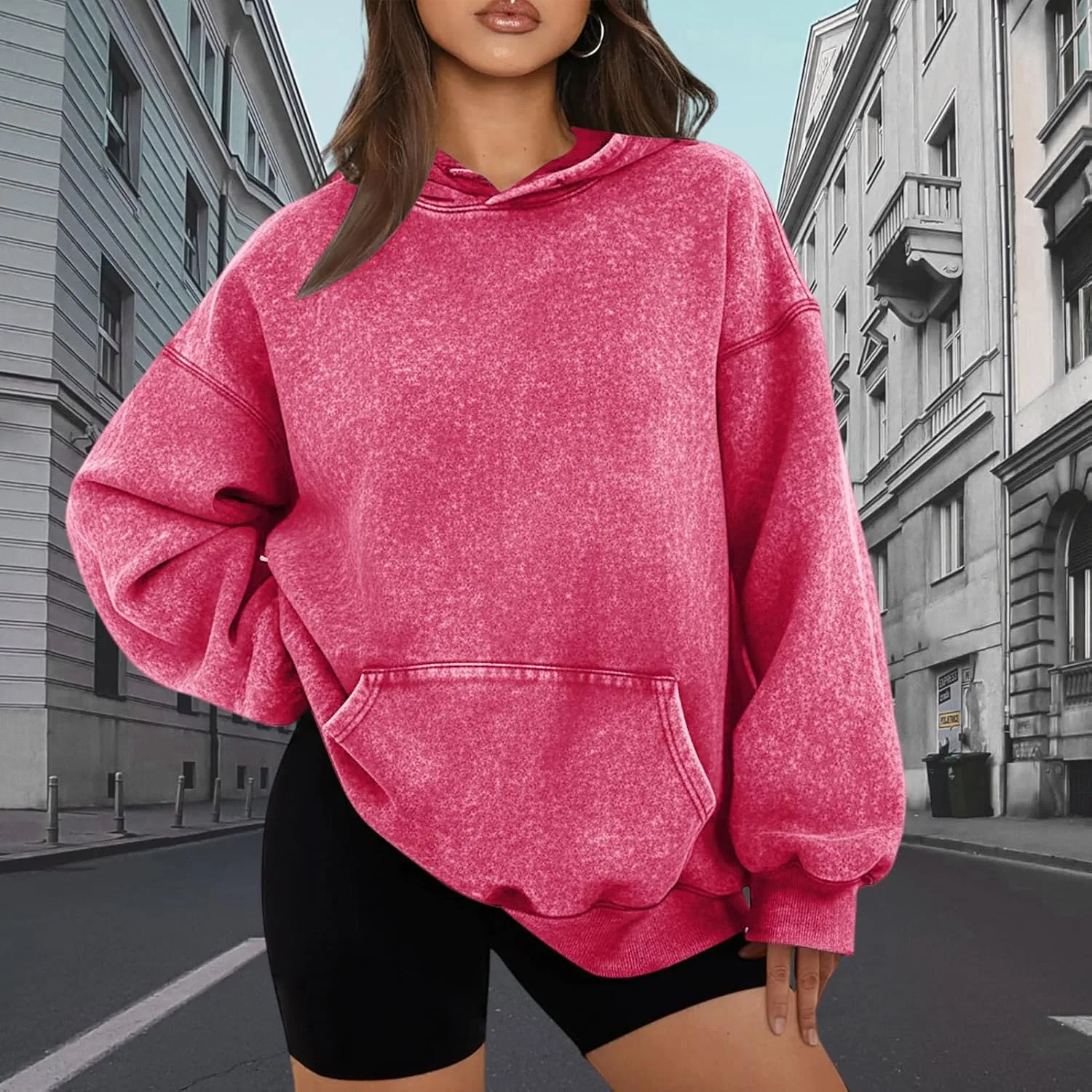Худи оверсайз женское, из хлопка, Hot Pink — фото 3