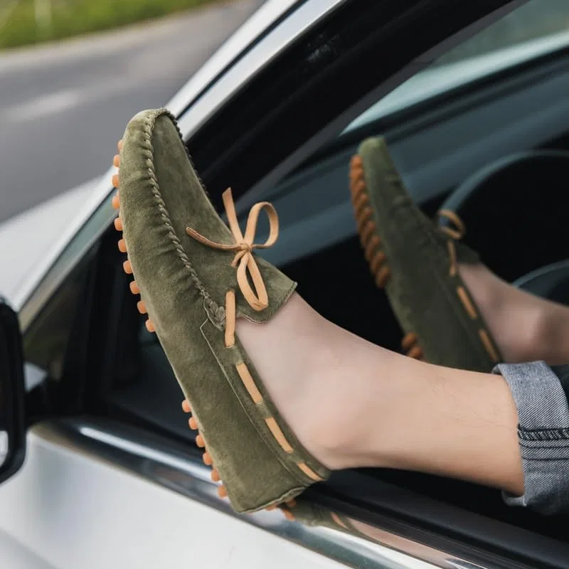 Мокасины мужские кожаные, Loafers for Men Round Toe Nubuck Leather Driving Style Moccasins Loafer Comfortable Flat Heel Lightweight Party Wedding Slip On, армейский зеленый SayfuR — фото 3
