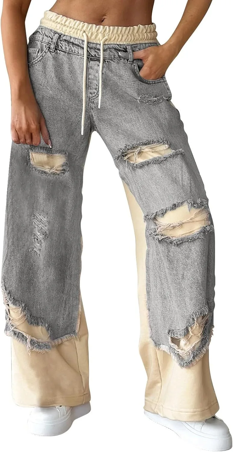 

Женские джинсы Wide Leg с вышивкой и рваным эффектом, лето 2025, на резинке со шнурком