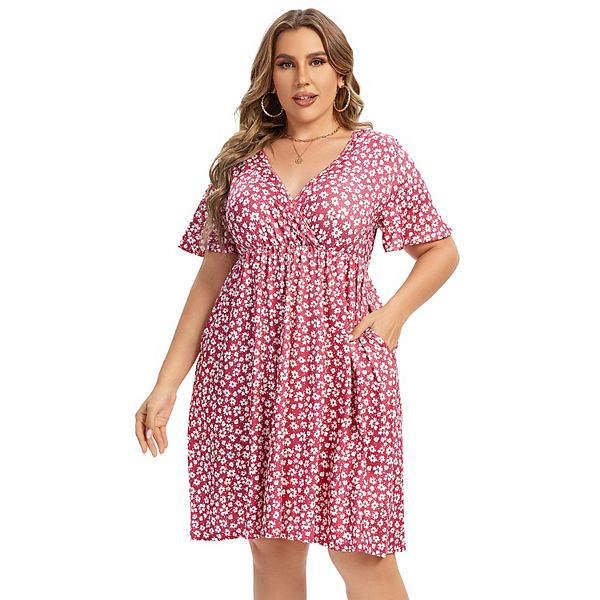 

Женское платье plus size с v-образным вырезом, цветочным принтом и карманом Seoria, Pink