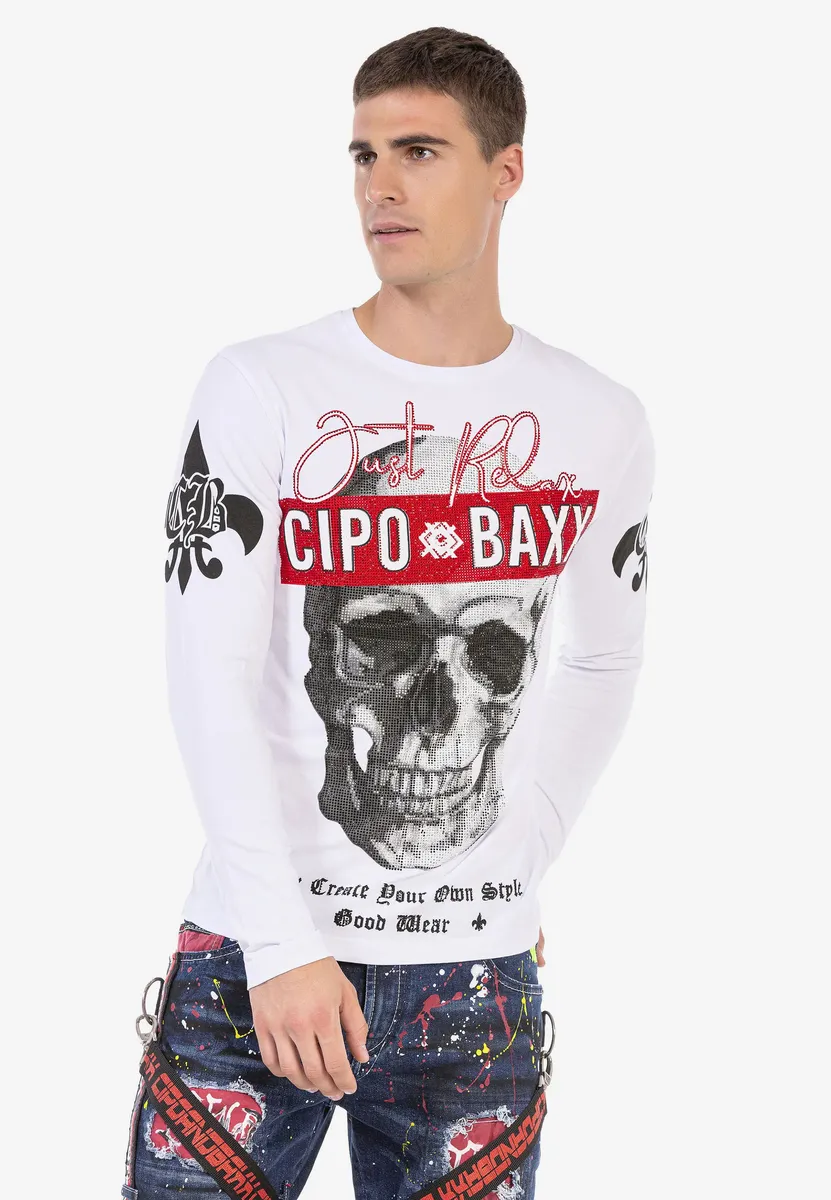 

Рубашка Cipo & Baxx с длинными рукавами и изысканным узором из стразов, белый