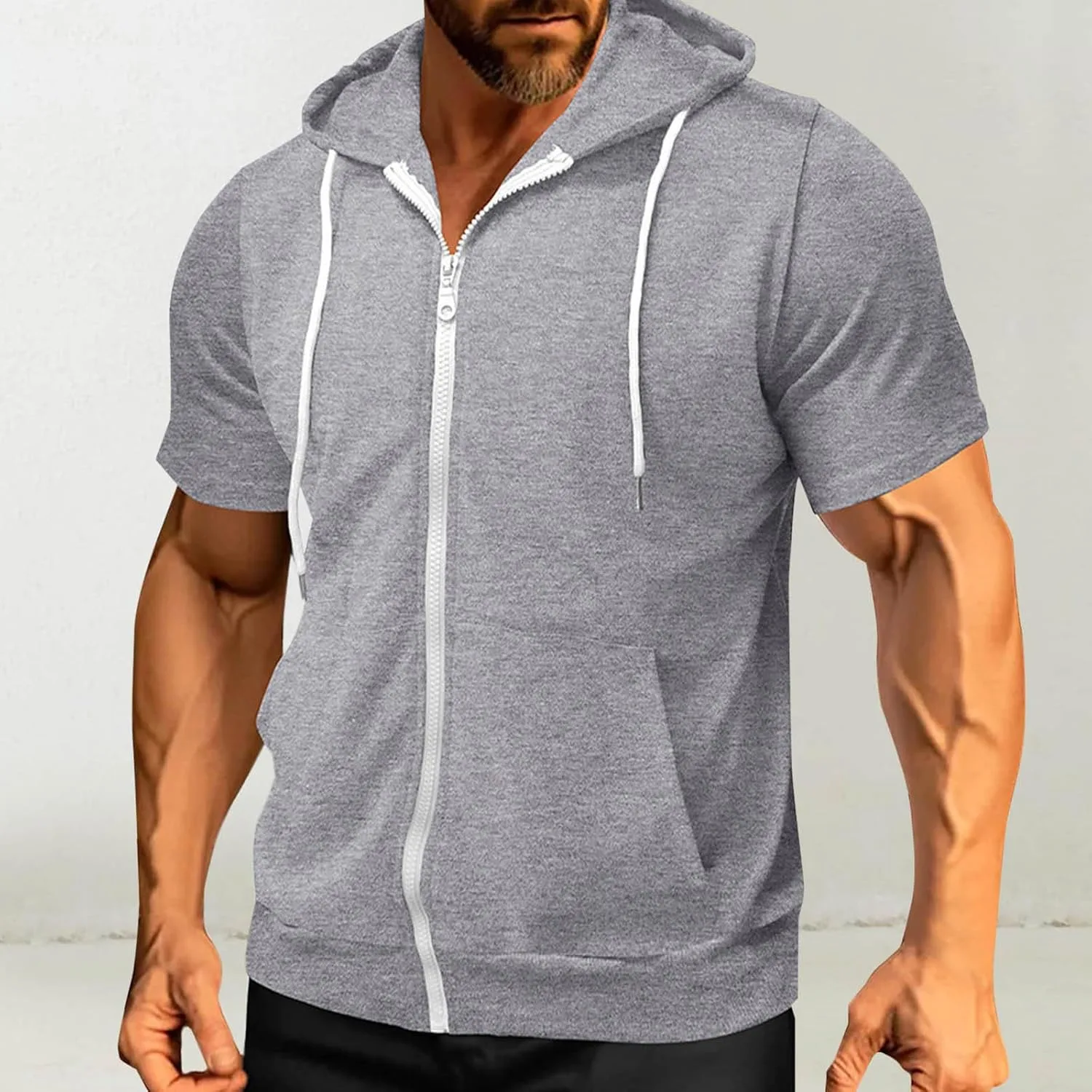 Мужская худи с капюшоном Slim Fit, короткий рукав, с карманом-кенгуру — фото 2