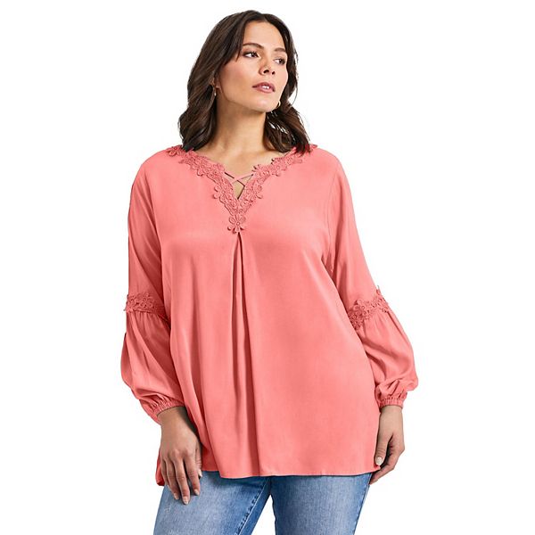 

Женский топ с кружевной отделкой plus size Avenue, Sweet Coral