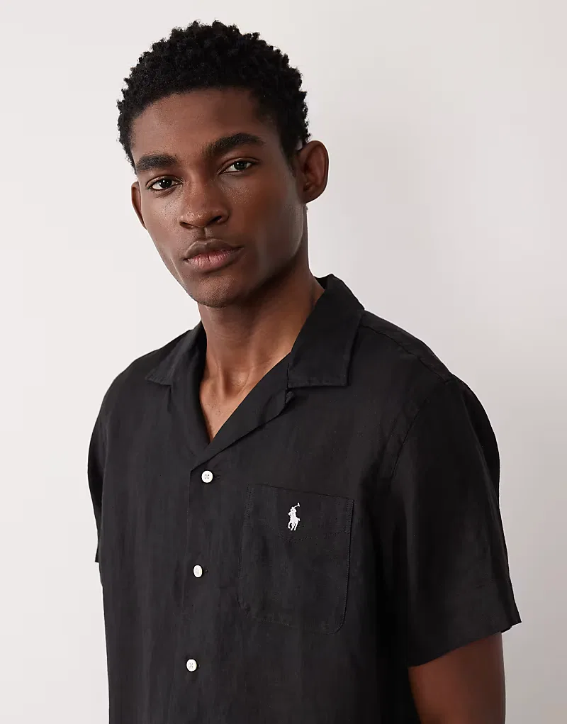 Черная льняная рубашка Polo Ralph Lauren с коротким рукавом и логотипом бренда Icon — фото 4