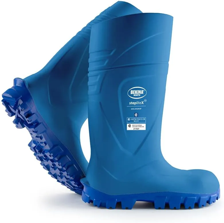 

Сапоги Bekina StepliteX SolidGrip S4 с защитным носком для мужчин и женщин - легкие водонепроницаемые утепленные нескользящие стальные сапоги; соответствуют стандарту ASTM, синий