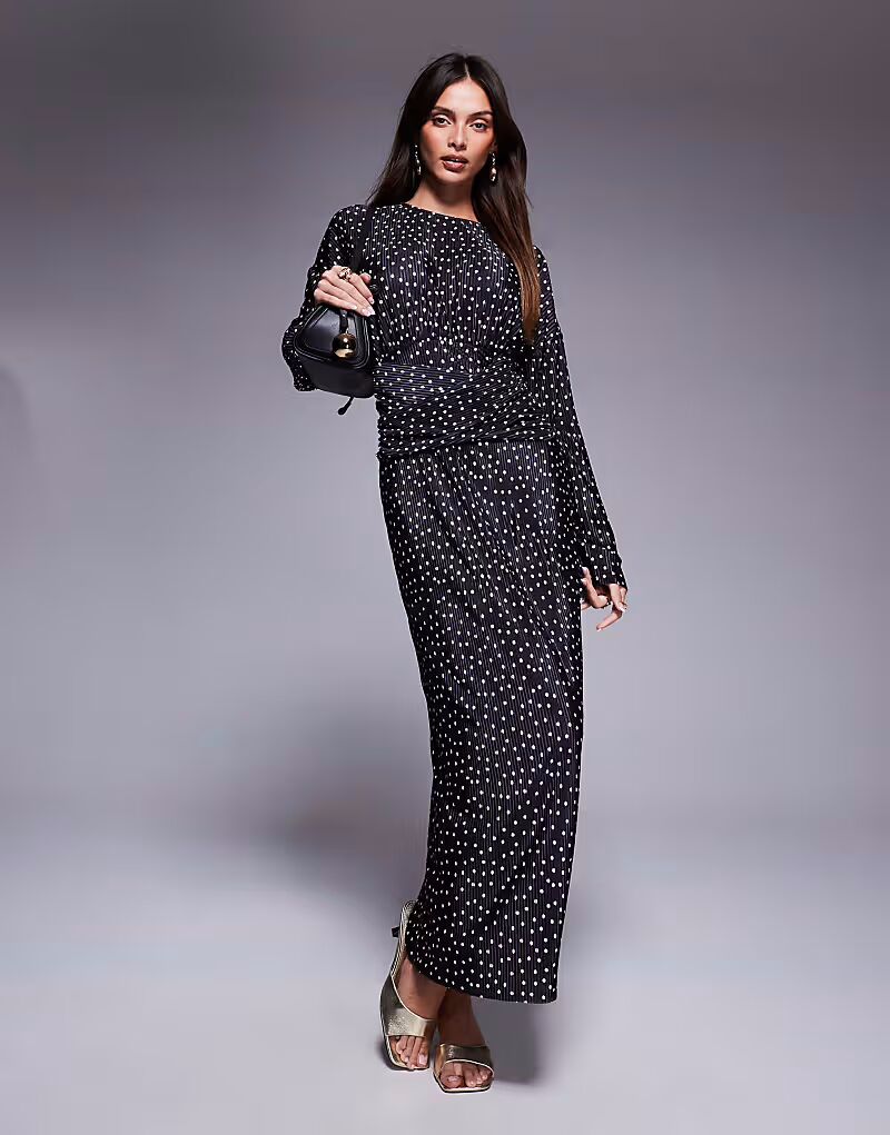 

Платье макси ASOS DESIGN с плиссировкой, высоким воротом, длинными рукавами, запахом на талии, в горошек