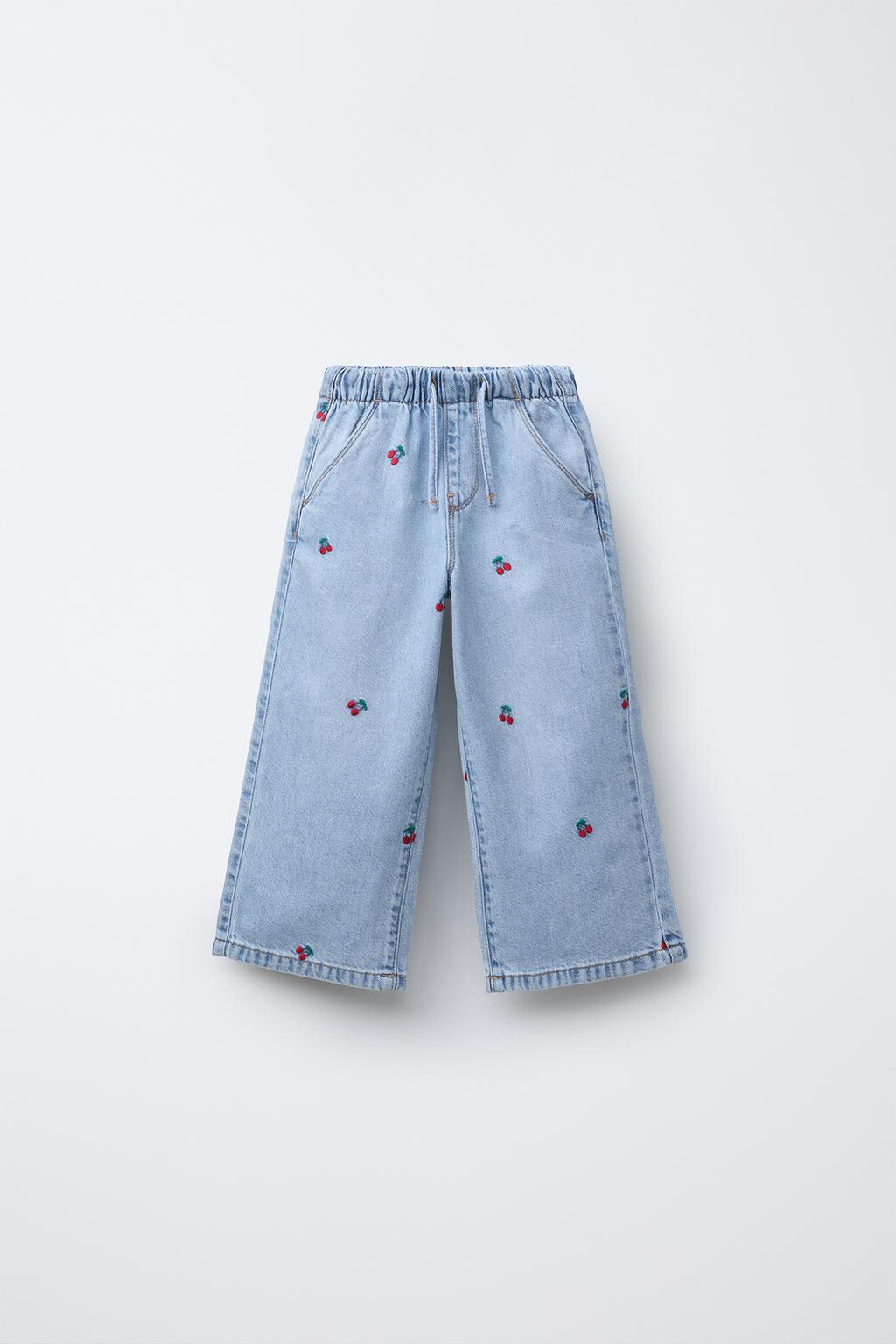 

Широкие джинсы с вишневой вышивкой ZARA, светло-синий