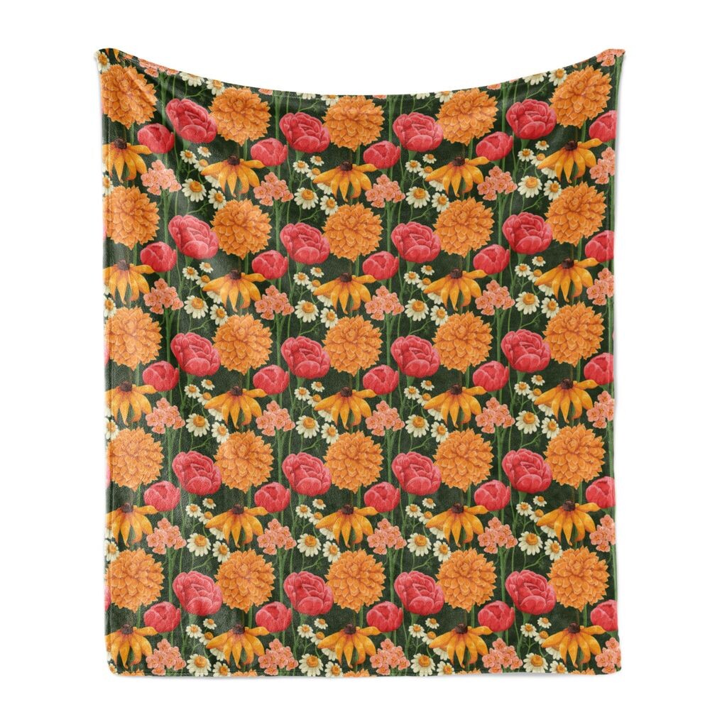 

ABAKUHAUS Dahlia Мягкое фланелевое флисовое одеяло, Букеты маков и ромашек Пастельные цветущие многолетние цветы Ретро, ​​175 x 230 см, Темно-зеленый кораллово-красный бархатцы