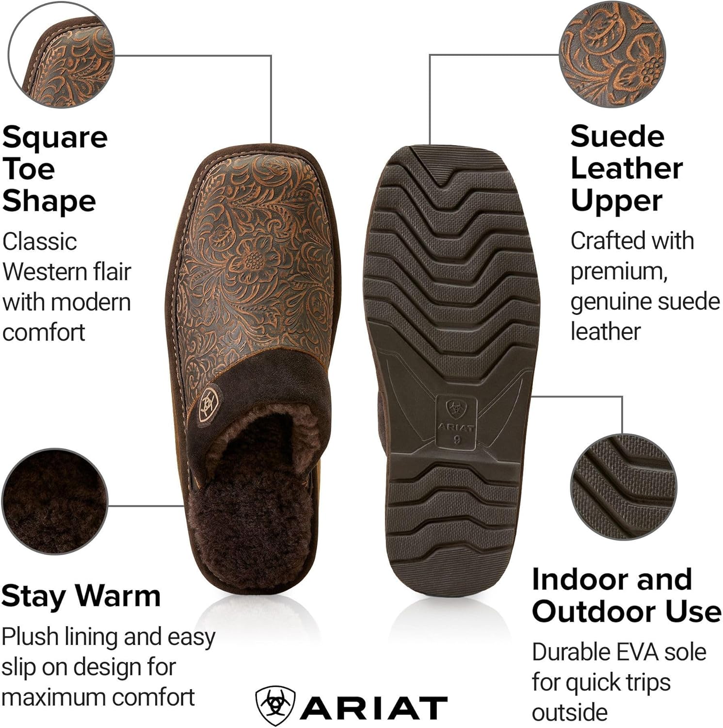 Мужские сланцы ARIAT Silversmith с тиснением, выполненные из мягкой полной кожи, квадратный носок, для дома и улицы, коричневый — фото 3