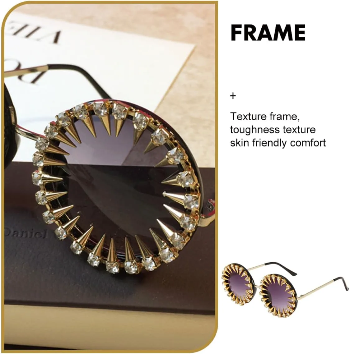 

Круглые солнцезащитные очки в винтажном стиле с заклепками, украшенные стразами, для женщин, для вечеринок и выступлений, в черной оправе DEARMAMY, Black