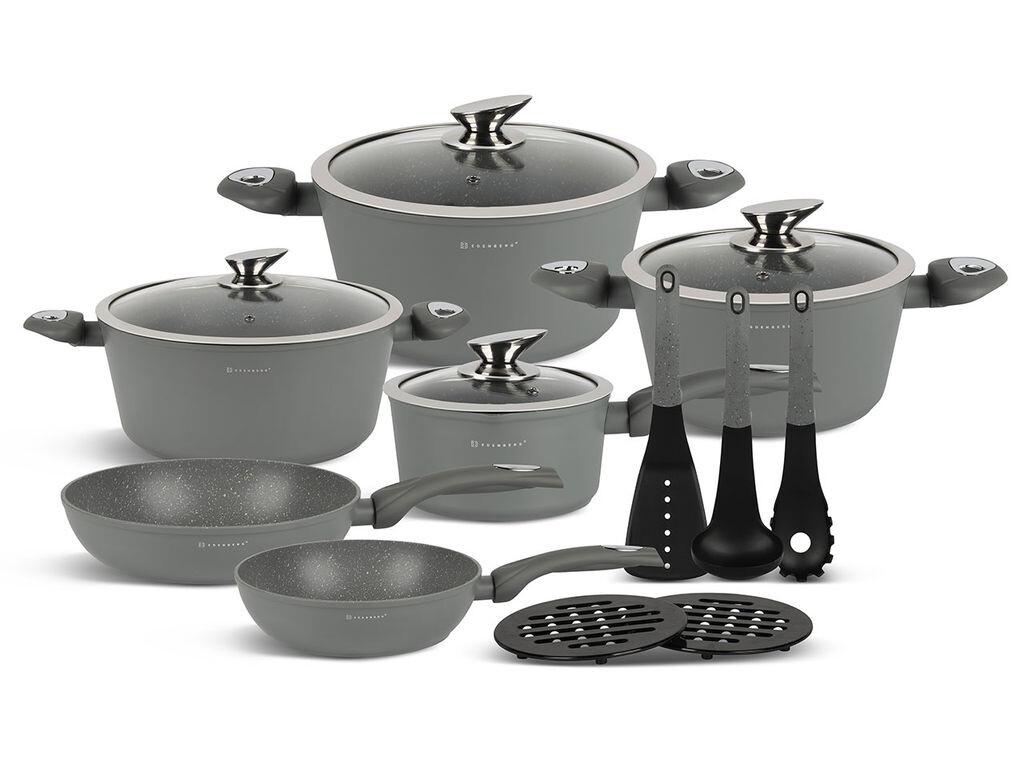 

EDENBERG Серые кастрюли ИНДУКЦИОННАЯ СТЕКЛЯННАЯ КРЫШКА Набор кастрюль для приготовления пищи Керамический мраморный подарок, серый