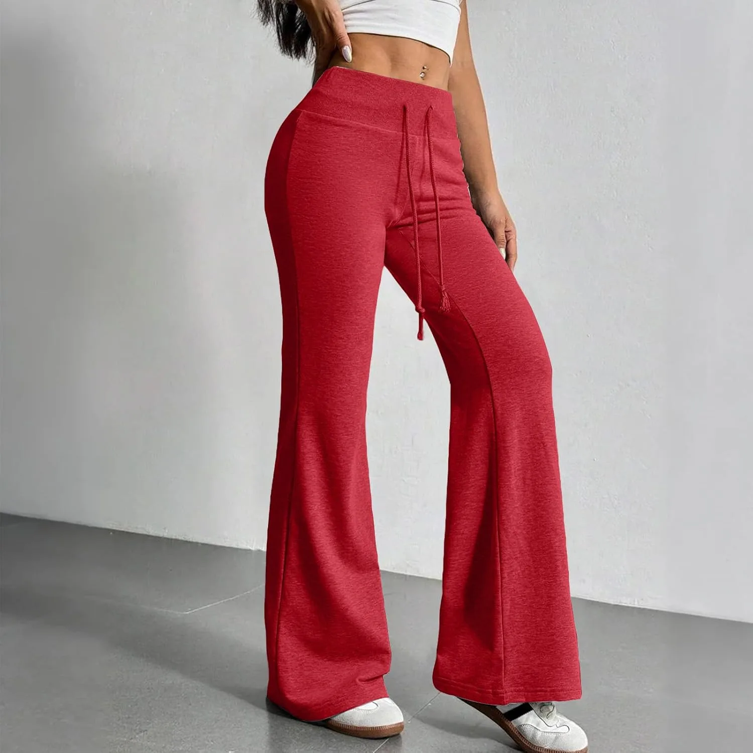 Леггинсы Flare Leggings для женщин Y2K с кулиской, эластичной талией, расклешенные, йога-штаны, мешковатые, для тренировок, спортивные, широкие, свитшот Generic, красный — фото 4