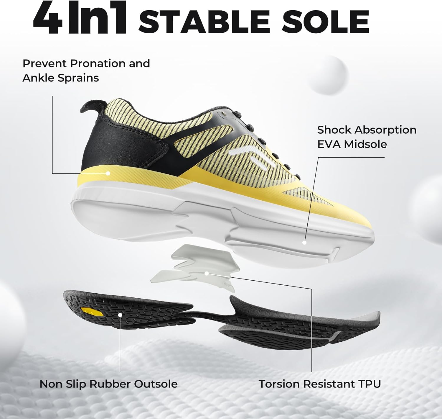 Кроссовки FitVille Extra Wide для мужчин для игры в пиклбол, теннисные кроссовки с поддержкой свода стопы, черный/желтый — фото 4