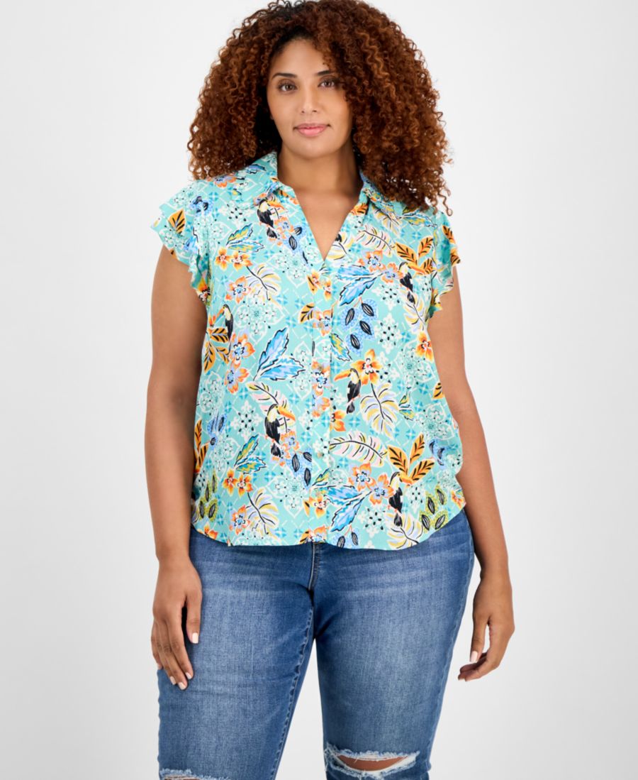 

Модный топ больших размеров с принтом и рукавами-крылышками Democracy, Light Turquoise