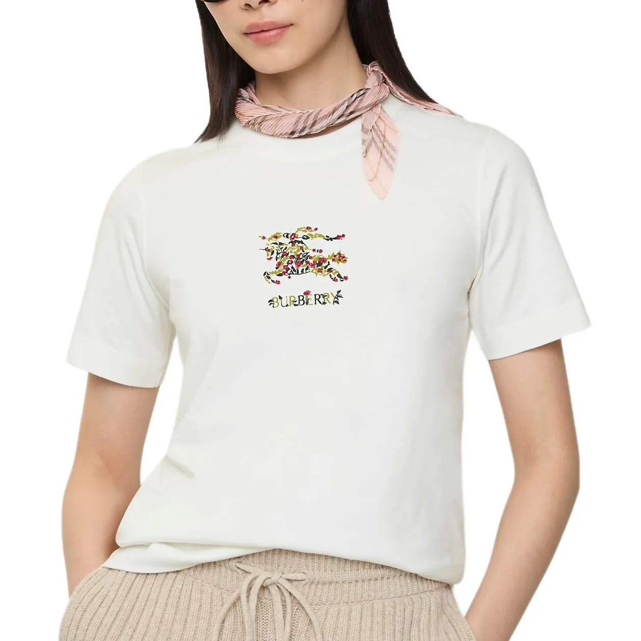 Футболка Burberry с цветочной вышивкой, стиль главной улицы, лето, Chalk White — фото 3