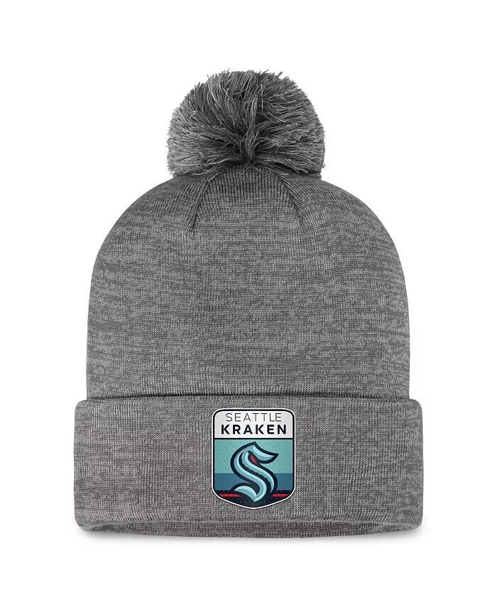 

Мужская серая шапка Seattle Kraken Authentic Pro Home Ice с манжетами и помпоном Fanatics