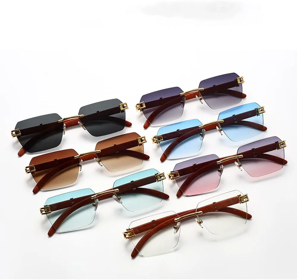 

Солнцезащитные очки без оправы с имитацией текстуры дерева, солнцезащитные очки с металлическими краями, модные женские солнцезащитные очки TYUVIVO, Gradient Cyan