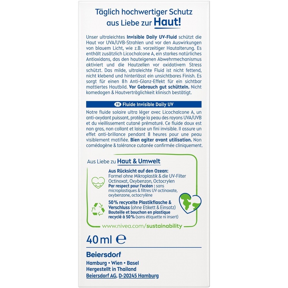 Солнцезащитный крем nivea sun uv gesicht experte invisible daily uv fluid lsf50+ Nivea, объем 40 мл — фото 2
