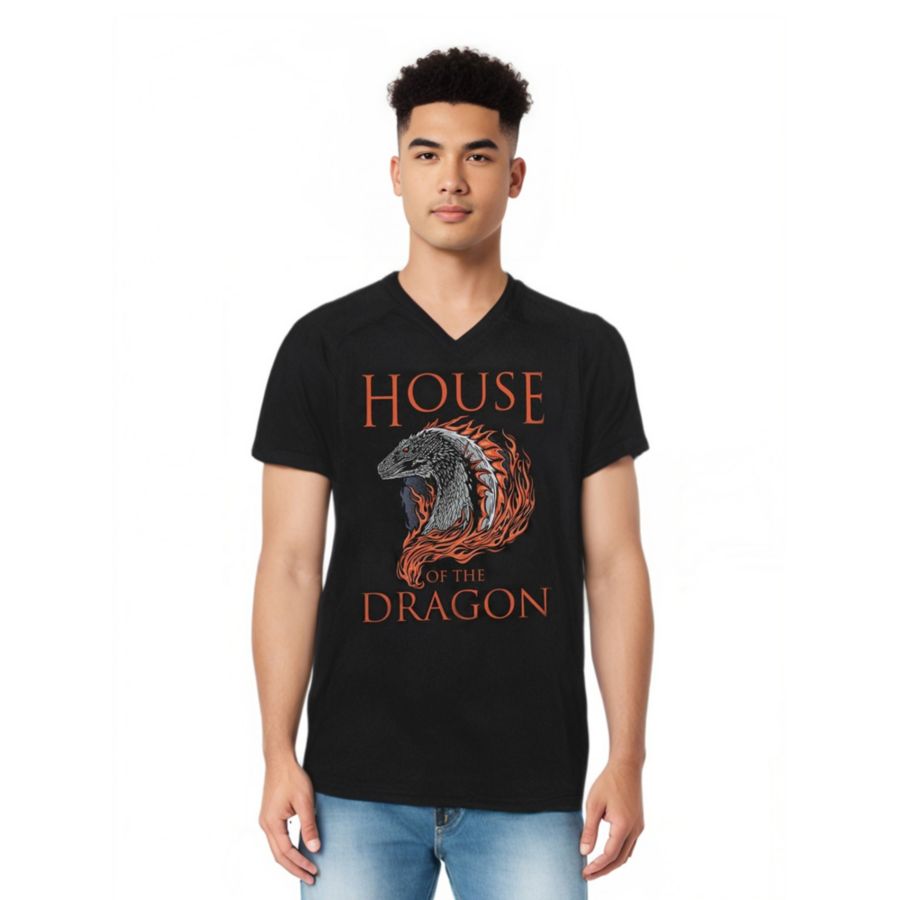 

Мужская футболка с коротким рукавом и V-образным вырезом из высококачественного хлопка с изображением дракона Хода House of the Dragon, Black, Черный, Мужская футболка с коротким рукавом и V-образным вырезом из высококачественного хлопка с изображением др