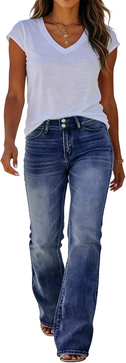 

Женские джинсы Cuyulitcik с расклешенным низом, высокая посадка, широкие штанины, растягивающийся деним, синие QERINTE