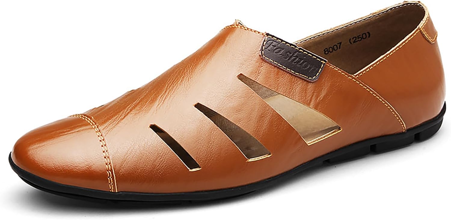 

Мужские кожаные сандалии с вырезами, удобные и дышащие, с закрытым носком, на плоской подошве, без шнурков, для работы, бизнеса и повседневной ходьбы Lvomu, коричневый